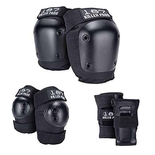 187 KILLER PADS Skateboarding Knee Pads, Elbow Pads, and Wrist Guards, Six Pack Pad Set, Black, Junior
