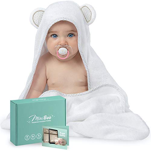 MINIBOO Hooded Baby Towel - Ultra-Soft and Hypoallergenic Rayon from Bamboo Baby Towels for Newborns, Infants, and Toddlers - Super Absorbent Baby Bath Towels