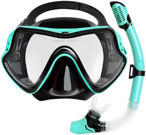 Swimming Goggles Snorkel Diving Mask for Adult Men Women Youth, No Leak Comfy Mouthpiece Anti-Fog 180° Panoramic View Scuba Diving Swim Pool Equipment Snorkel Kit(Black & Green Set)