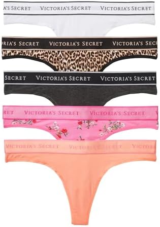 Victoria's Secret Cotton Logo Thong Panty Pack, Underwear for Women, 5 Pack, Spring Mix (XL)
