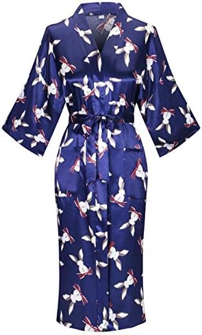 Women's Long Kimono Robe Floral Printed Satin Robes Lightweight Silky Bathrobe Nightgown with Pockets