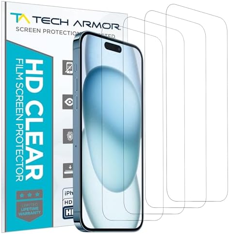 Tech Armor Screen Protector for iPhone 15 6.1 inch - HD Clear Film, Ultimate Display Protection, Crystal Clear Clarity, Easy Installation, Premium Quality, 4 Pack