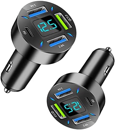 2Pcs 4 Ports USB Car Charger USB Adapter with Voltmeter,Type C Port PD 3.1/QC 3.0 Super Fast Charging Car Cigarette Lighter Plug for iPhone 14 13 12,S22 S21 S20,iPad Pro& More Mobil Phone (2Pcs-Black)