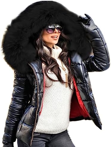 Aofur Womens Ladies Quilted Winter Coat Fur Collar Hooded Down Jacket Parka Outerwear