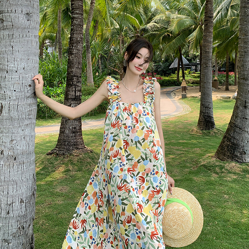 Dali Erhai Photography Skirt Vacation Style French Floral Print Width Spaghetti-Strap Strap Dress Sanya Seaside Beach Skirt