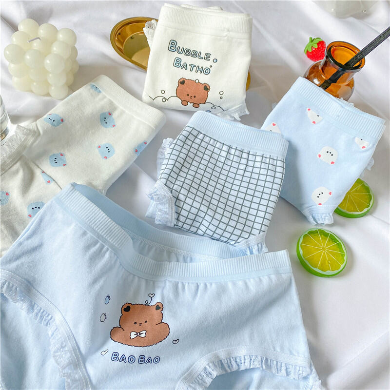 Cute Bear Minimalist Adorable Young Adult Underwear Mid Waist Classic Cotton Crotch Blue and White Students Triangle Shorts Breathable