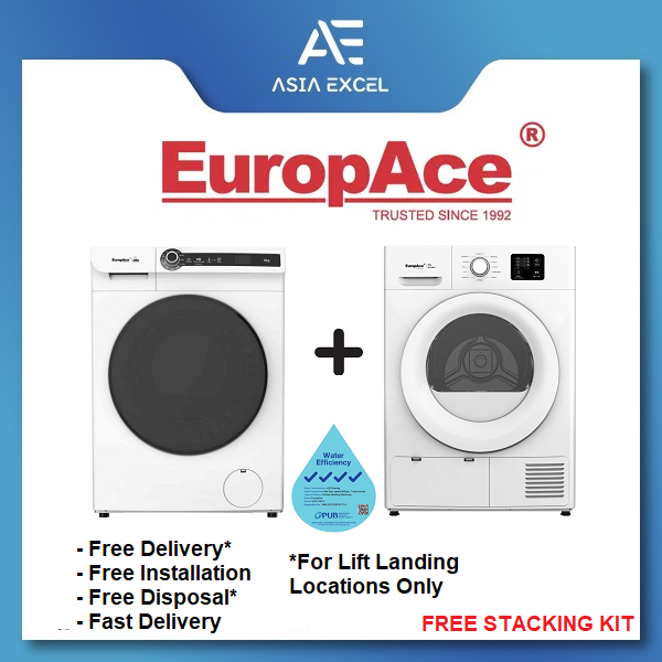 EUROPACE EFW 7801Y 8KG WHITE INVERTER FRONT LOAD WASHING MACHINE + EUROPACE EDY 8801Y 8KG WHITE FRONT LOAD HEAT PUMP DRYER