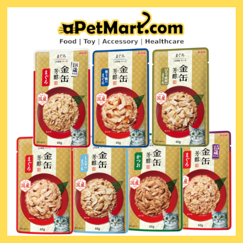 [1 Carton] Aixia Kin-Can Noko Toromi Rich Pouch Wet Cat Food 60g x 12 Pouches (7 Flavors)