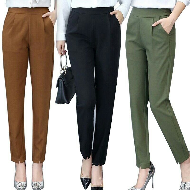 Women's Casual Fashion Solid Mid Waist Long Trousers Office Pants Plus Size