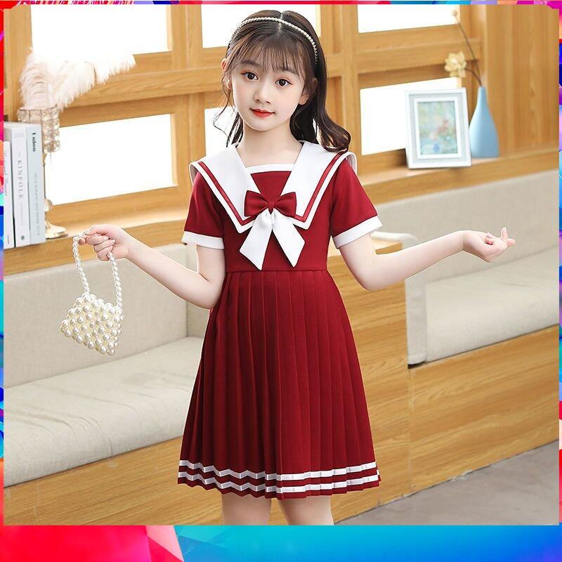 Cunjin Girls Short Sleeve Dress Summer Dress Western Style Children's Princess Skirt Lorita JK Navy Style Little Girl Skirt College Style 2 To 12 Year Old for Teens Girls Terno Sale