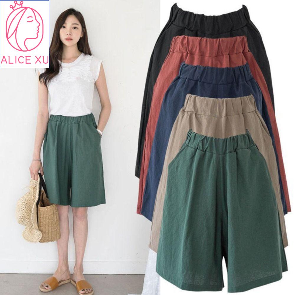 ALICE XU Elastic Waist Women Fifth Pants Plus Size Linen Cotton Knee Length Trousers Fashion Wide Leg Casual Shorts Summer