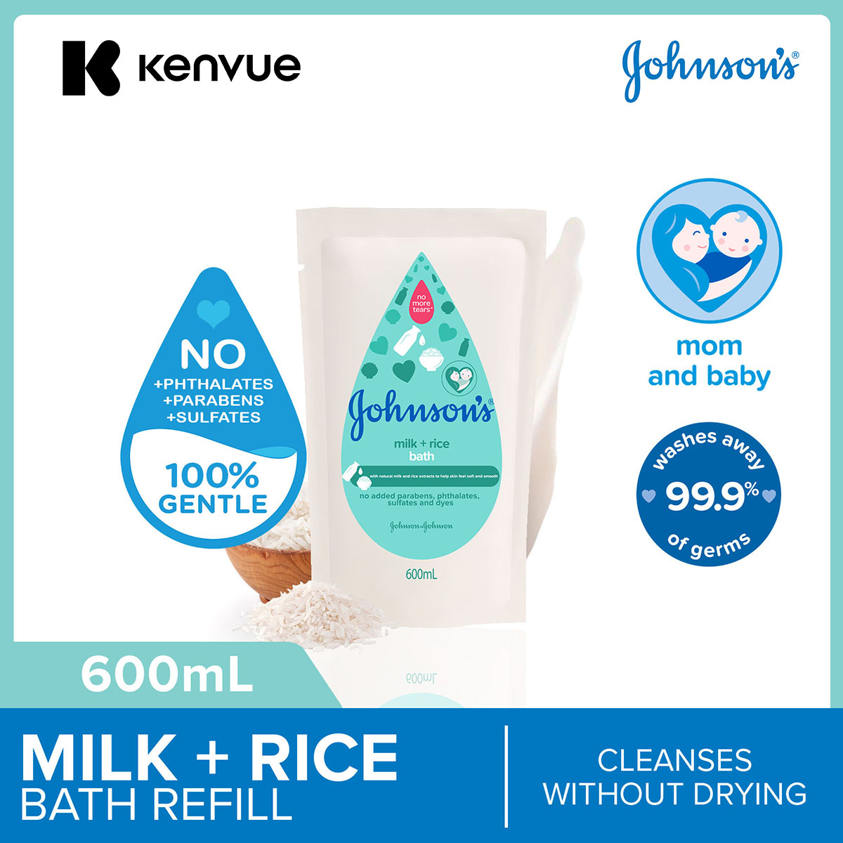 Johnson's Baby Milk + Rice Moisturizing Bath Refill Cleanses Without Drying 600ml