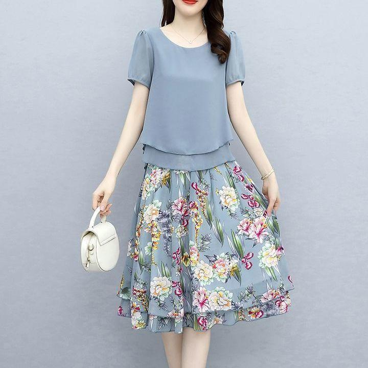 ▫ pdd8.5 Chiffon fashion suit 2023 new summer mid-length printed dress plus size casual two-piece floral dress