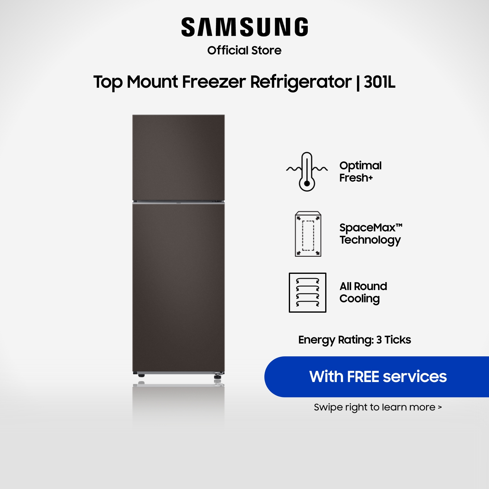 Samsung RT31CB5644C2SS Bespoke Top Mount Freezer Refrigerator, 301L, 3 Ticks
