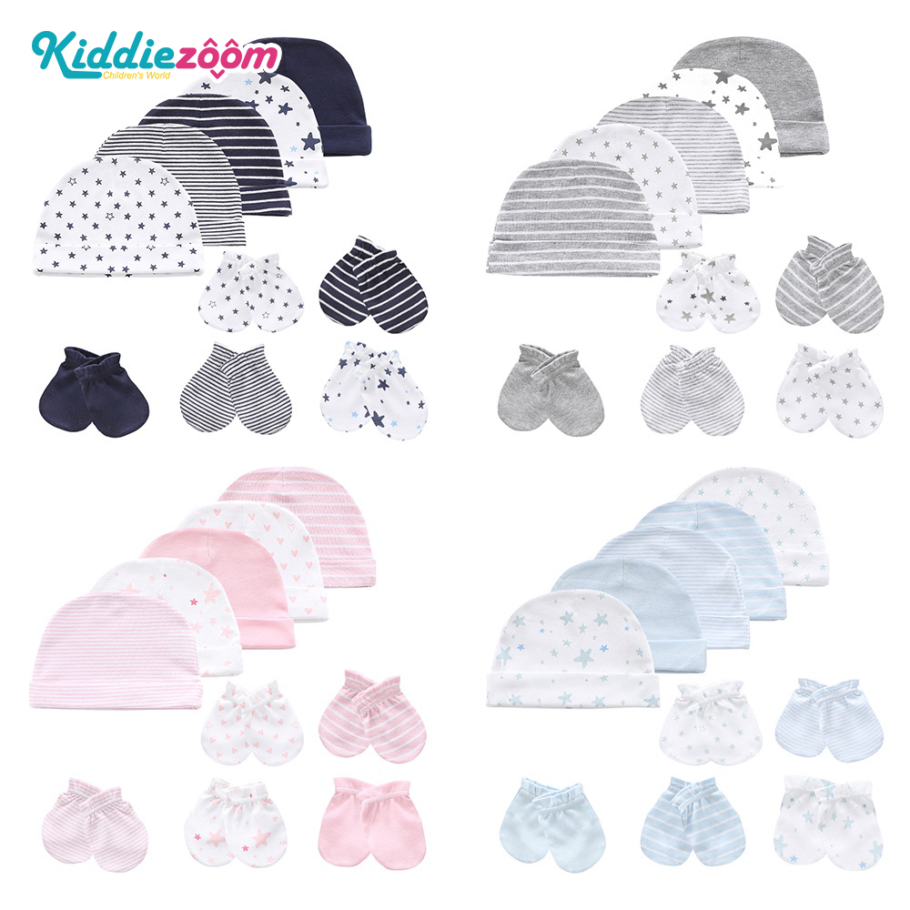Kidddiezoom 100% Cotton Newborn Baby Accessories Sets Include 5 Baby Hats + 5 Pair Baby Gloves 0-6 Months