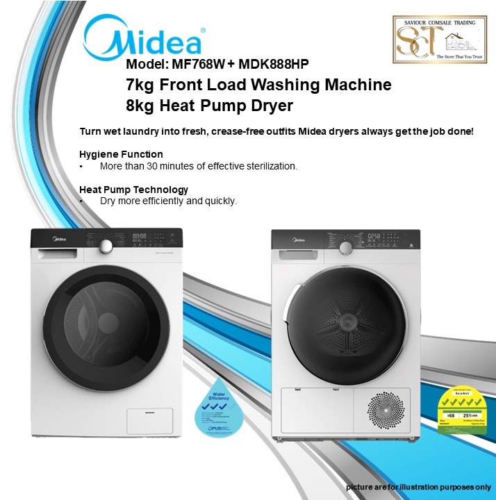 Bundle ~ MIDEA MFK768W Washing Machine 8kg + MDK888HP HeatPump Dryer 8kg - (FREE STACKING KIT)