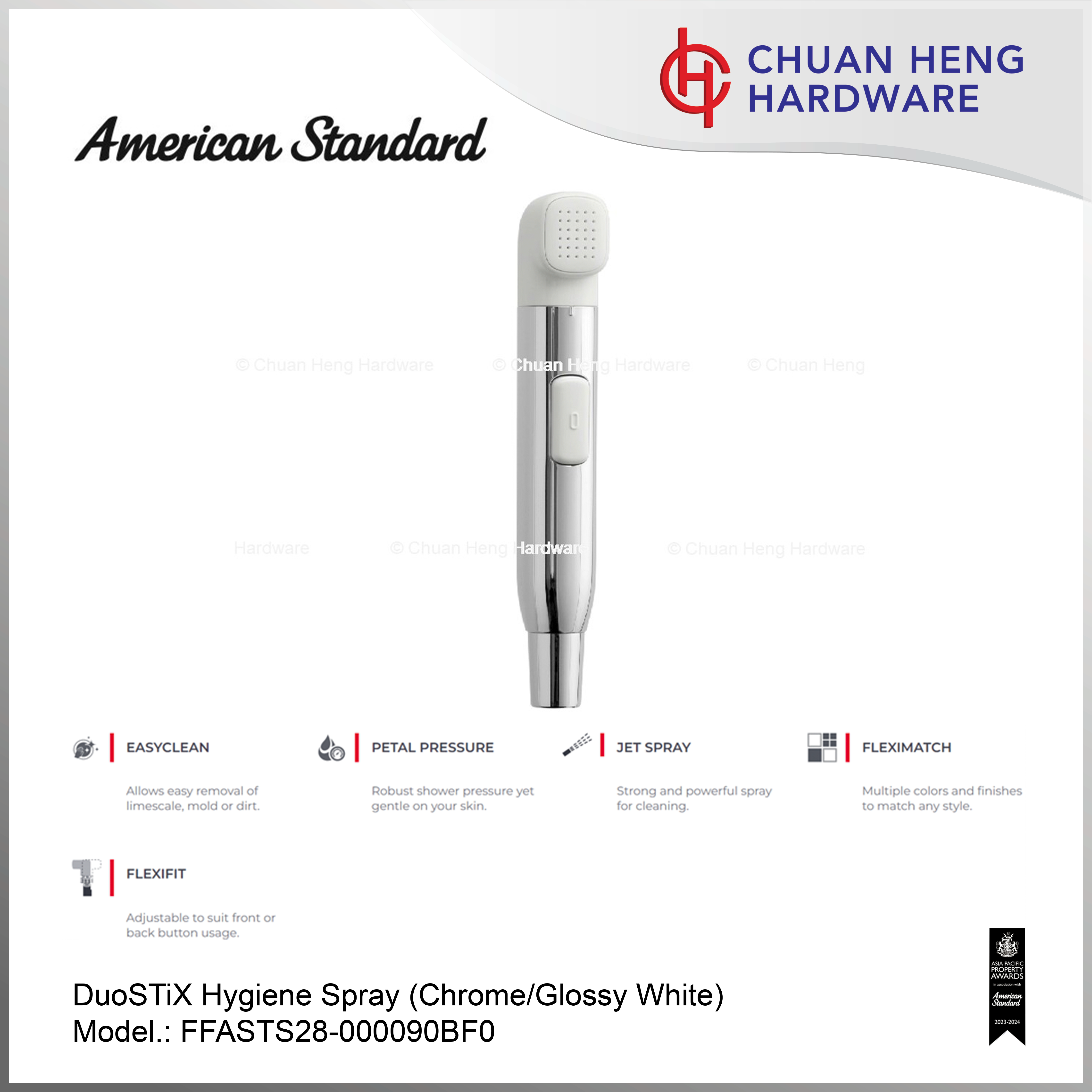 American Standard FFASTS28-000090BF0 Hygiene Spray with Hose and Holder (Chrome & Glossy White)