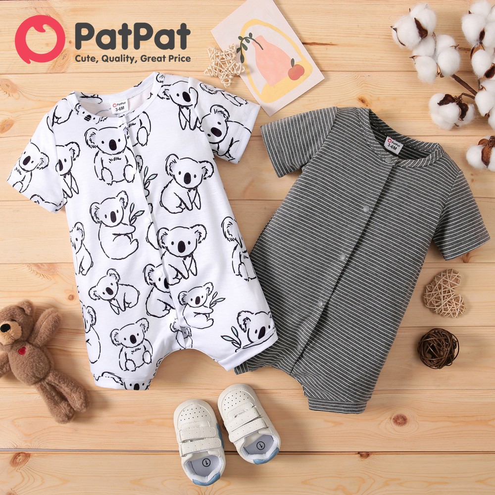 PatPat Baby Boy Clothes Jumpsuit Koala Print White/Grey Striped Short-sleeve Snap Romper